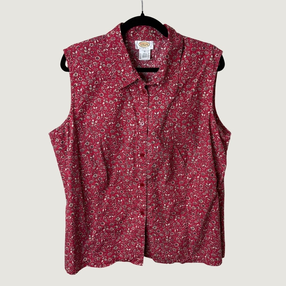 Vintgage Talbots Sleeveless Floral Button Down Shirt Red Calico 2X Fall Layering